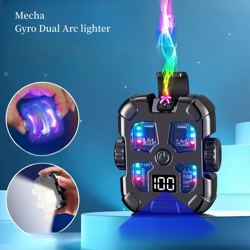 Zinc Alloy Mecha Gyro Dual Arc Type-C Charging Lighter Outdoor Phantom Light COB Lighting Digital Battery Display USB Lighters