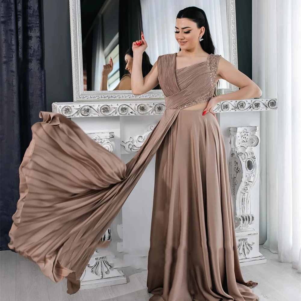 

Customized Yipeisha Fashion Brown Satin Evening Dresses Criss-Cross Pleat A-line With Watteau Floor Length Formal Pageant Gowns