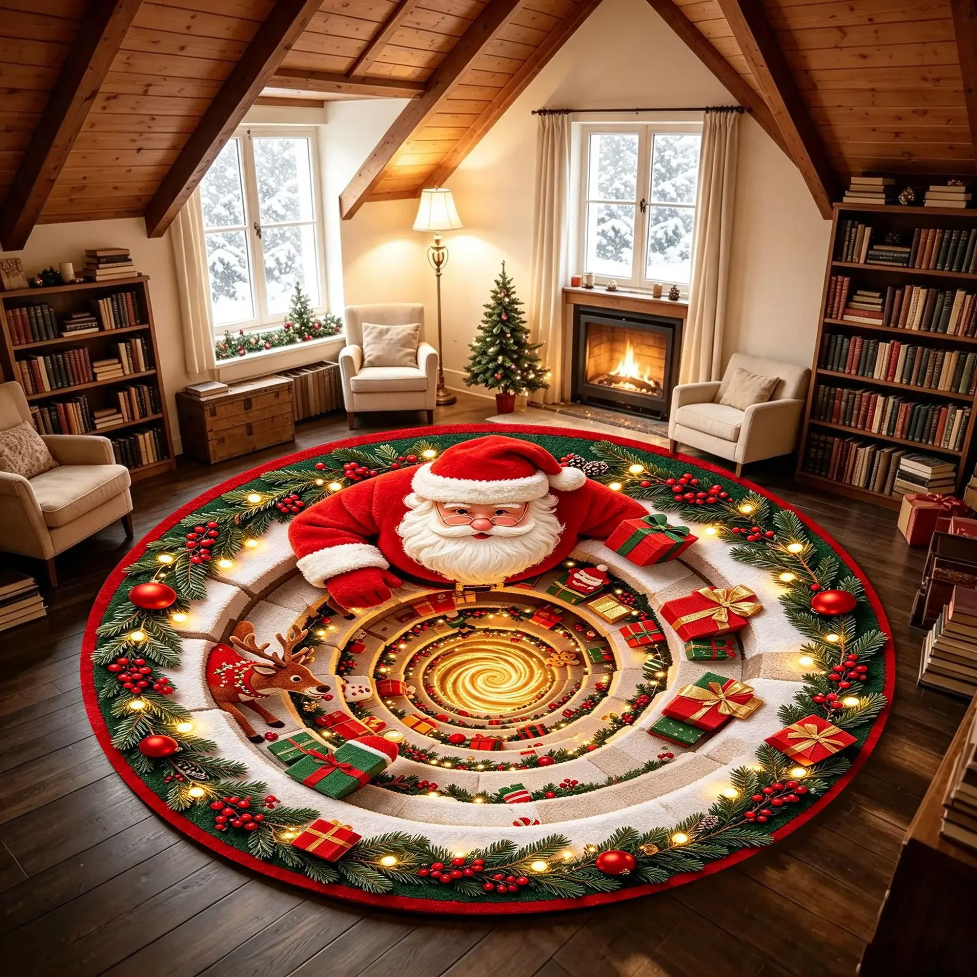 Round Area Rug Flannel Christmas Gnome 3D Illusion Vortex Floor Mat for Living Room Bedroom New Year Party Decor Circle Carpet