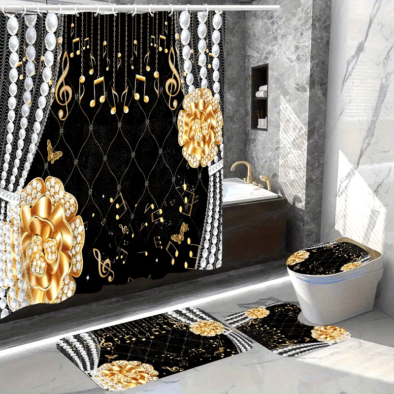 4pcs Pearl Golden Floral Printed Shower Curtain Set, Decorative Bathroom Set Including Waterproof Shower Curtain With Hooks, N