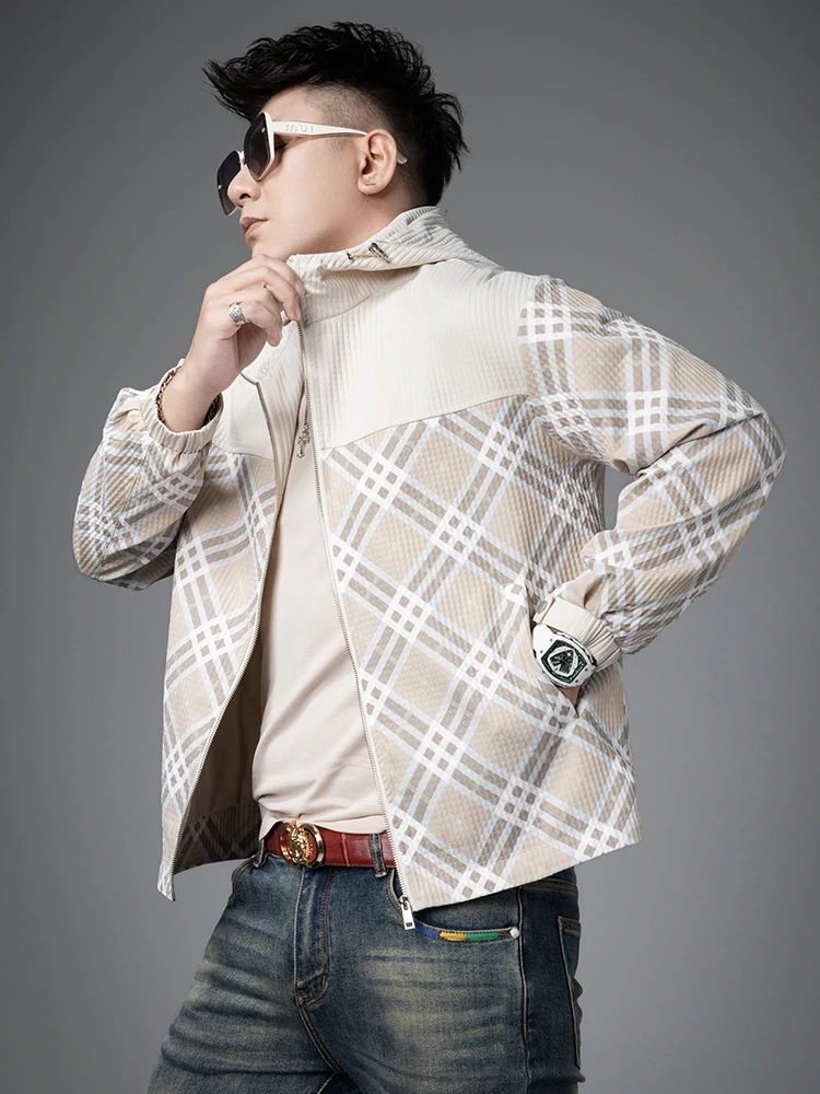 

Мужская демисезонная куртка премиум-класса с клетчатыми вставками, весна 2026, модная ветрозащитная верхняя одежда с эластичным низом, приталенный крой, длинный рукав, на молнии