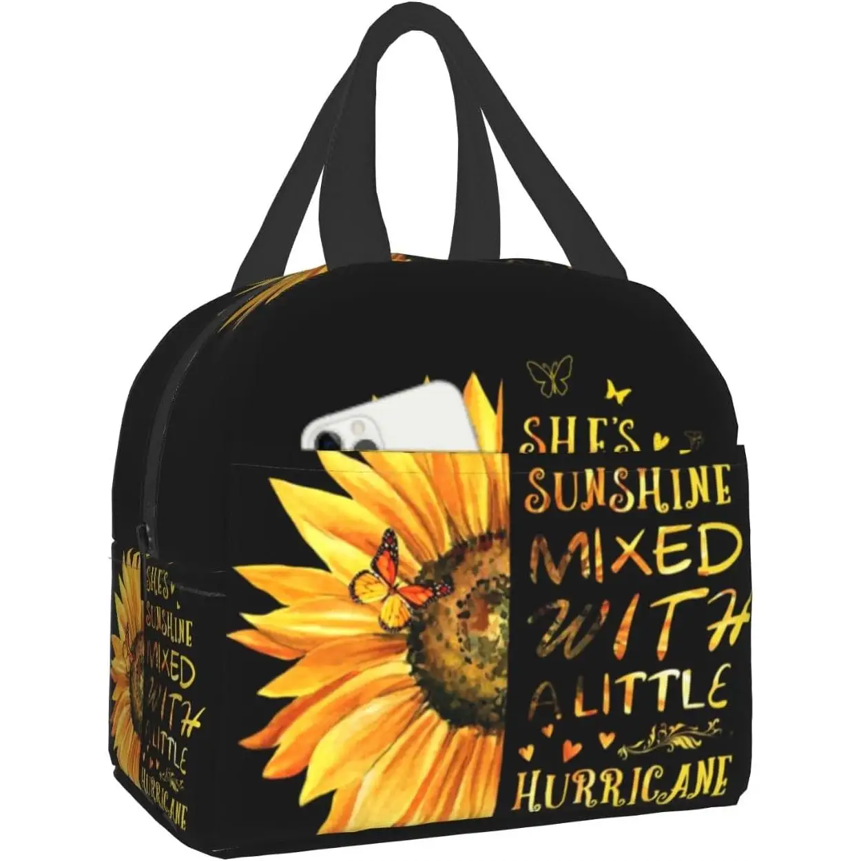 

Sunflower Insulated Lunch Bag for Girls Women, Sunshine Yellow Floral Inspirational Thermal Box with Front Pocket Reusable Meal