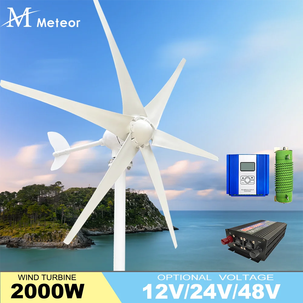 2000w 2kw Horizontal Wind Turbine Generator 12V 24V 48V Free Energy Magnetic Dynamo Strong Power 220v Inverter Output For Home