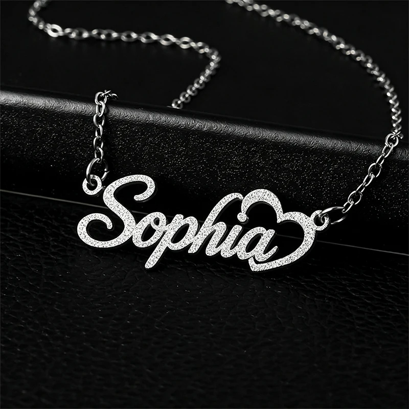 Frosted Fine Glitter Name Heart Custom Necklace Woman Stainless Steel Jewelry Sparkling Personalized Nameplate Pendant Choker