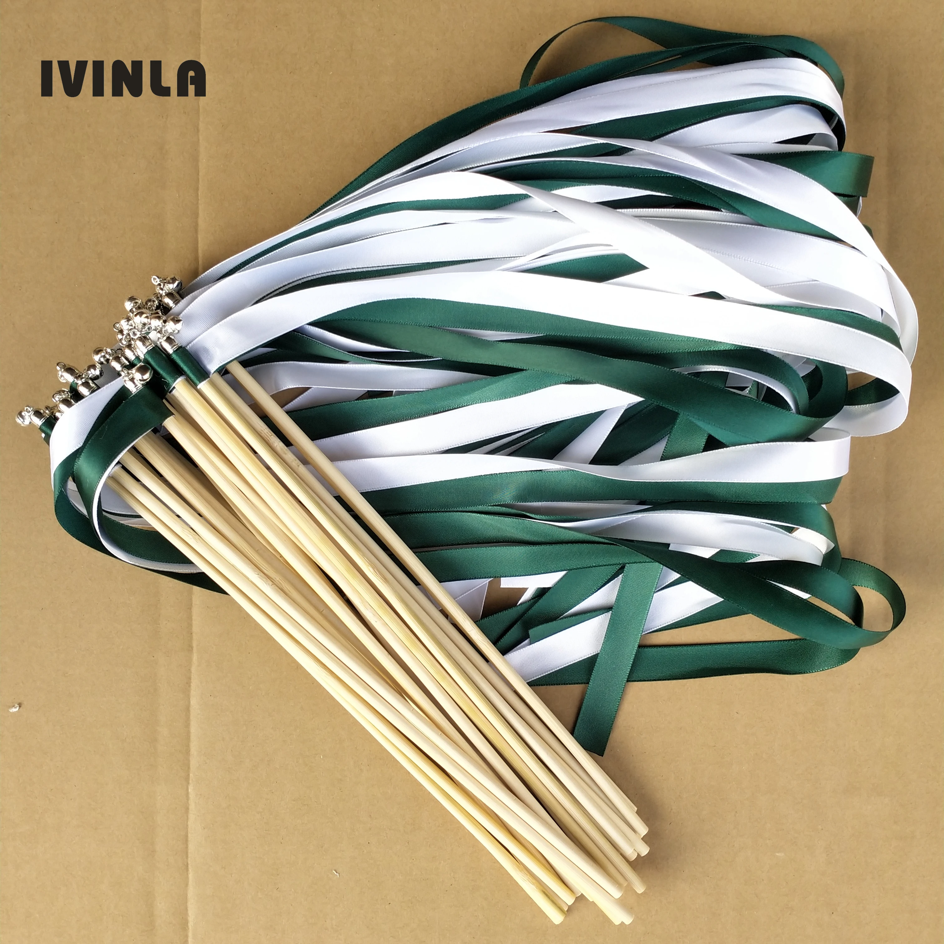 Hot selling 50/20/10pcs/lot  green & white wedding ribbon wands with sliver bell