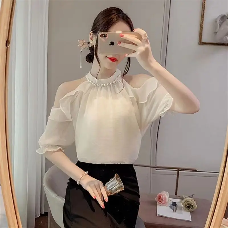 Women's Summer Fashion Elegant Solid Color Simplicity Off Shoulder Short Sleeve Shirts Women Clothes Casual Temperament Tops