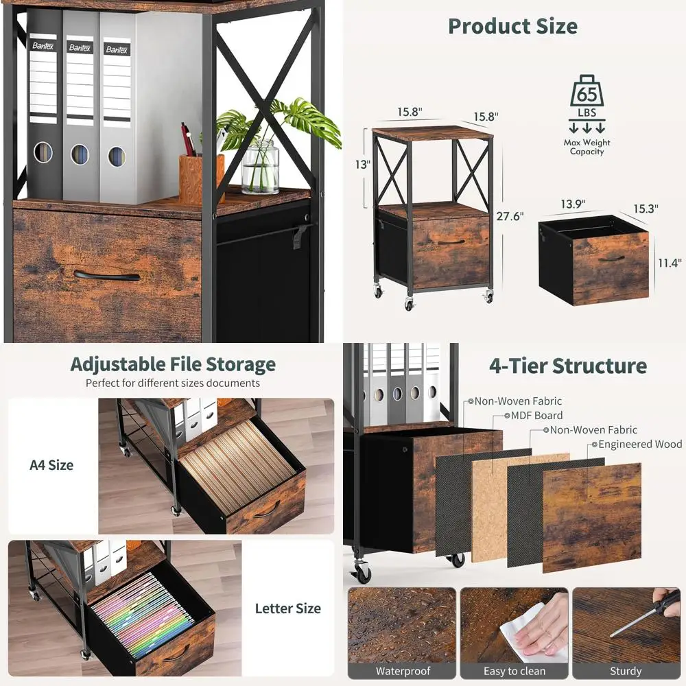 

Vertical A4/Letter Size File Cabinet with Adjustable Shelf and Mobile Storage, Rustic Brown