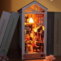 3D Puzzle Wooden Bookshelf Miniature Doll houses DIY Book Nook Kit Shelf Insert Room Dollhouse Bookend With LED Light Toys Gifts