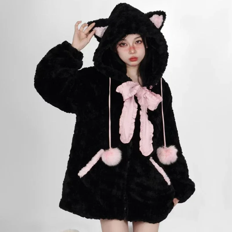 Autumn Winter Harajuku Y2k Thick Hoodies Women Kawaii Bow Cat Ear Hooded Coat Girls Gothic Casual Loose Sweatshirts Cute Clothes