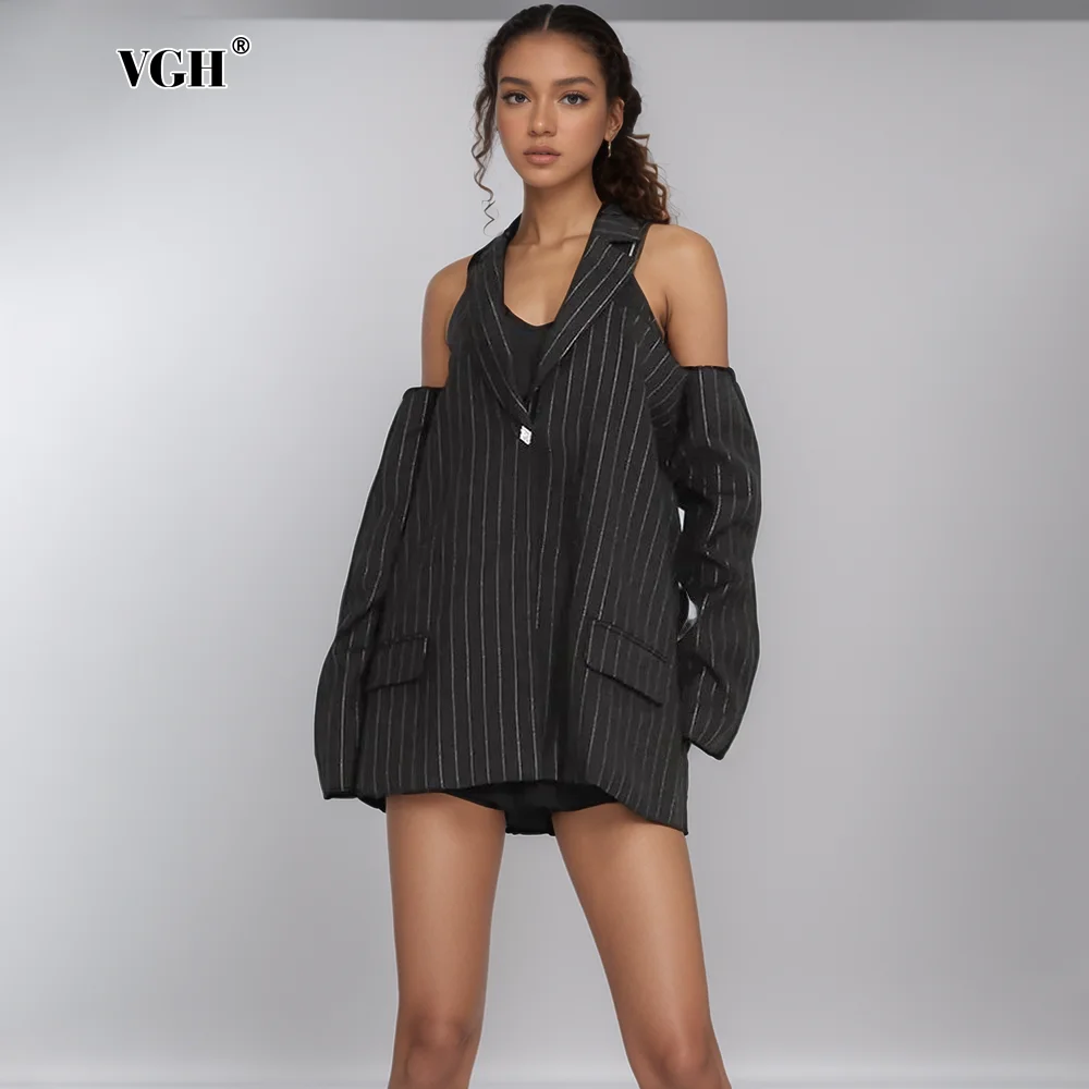 VGH Hollow Out Patchwork Diamonds Striped Coats For Women V Neck Off The Shoulder Sleeve Chic Design Sense Casual Coat Female