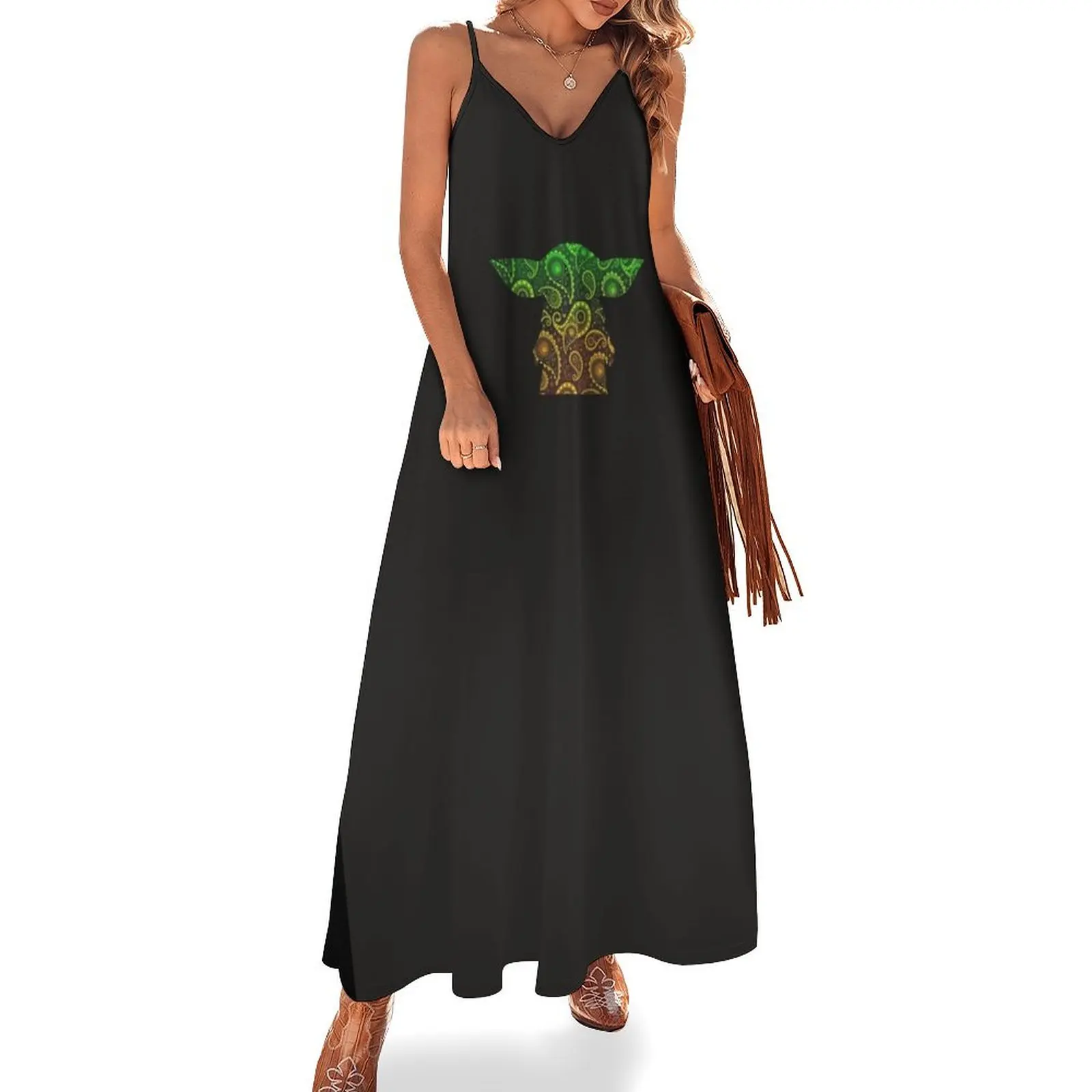 

Teardrop Mandala Silhouette - Alien Forest - Dark Background Sleeveless Long Dress