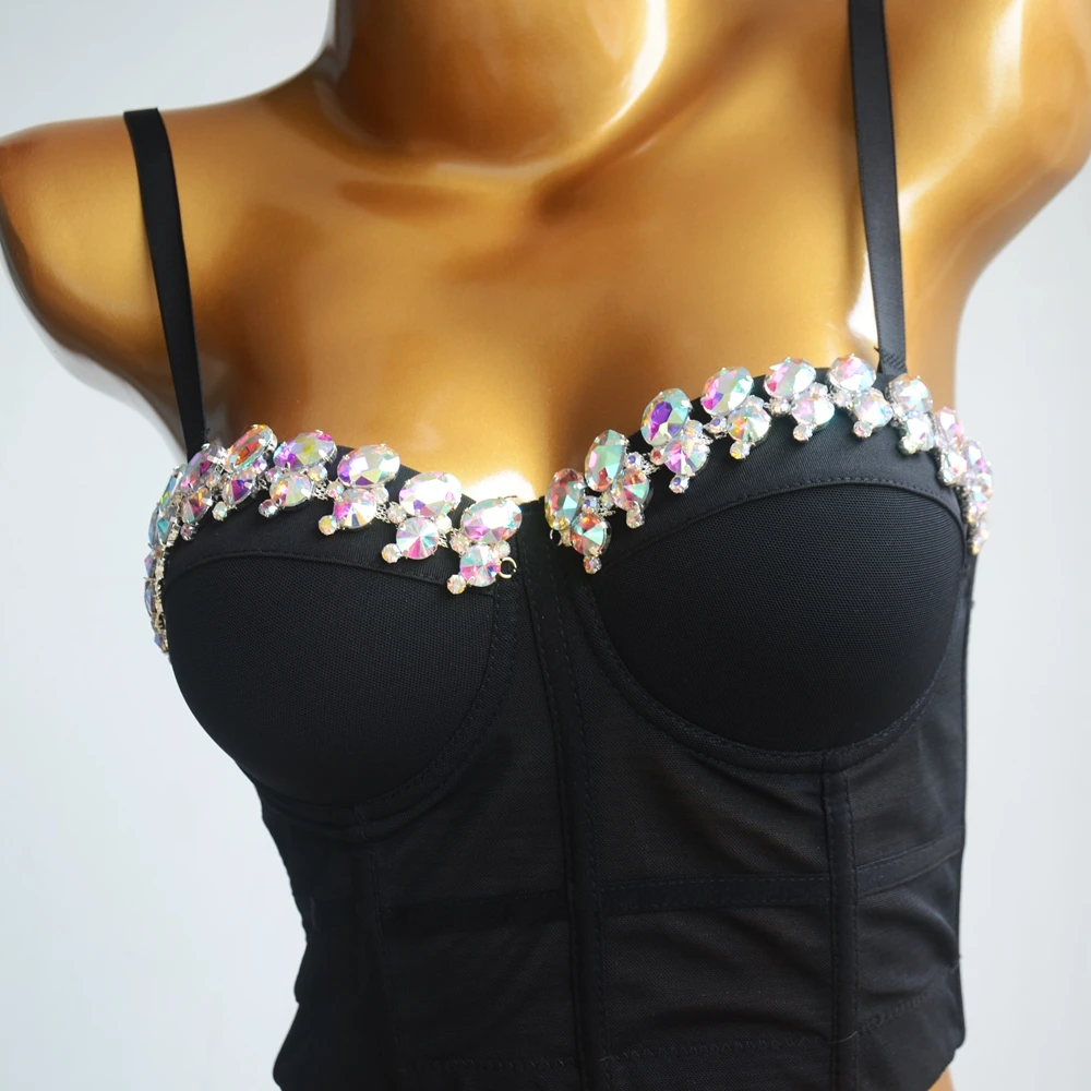 Cupnaya paillettes cristal femmes Polyester Spandex haut court Spaghatti sangle Bustier gaze Corset Bralette noir blanc rouge kaki