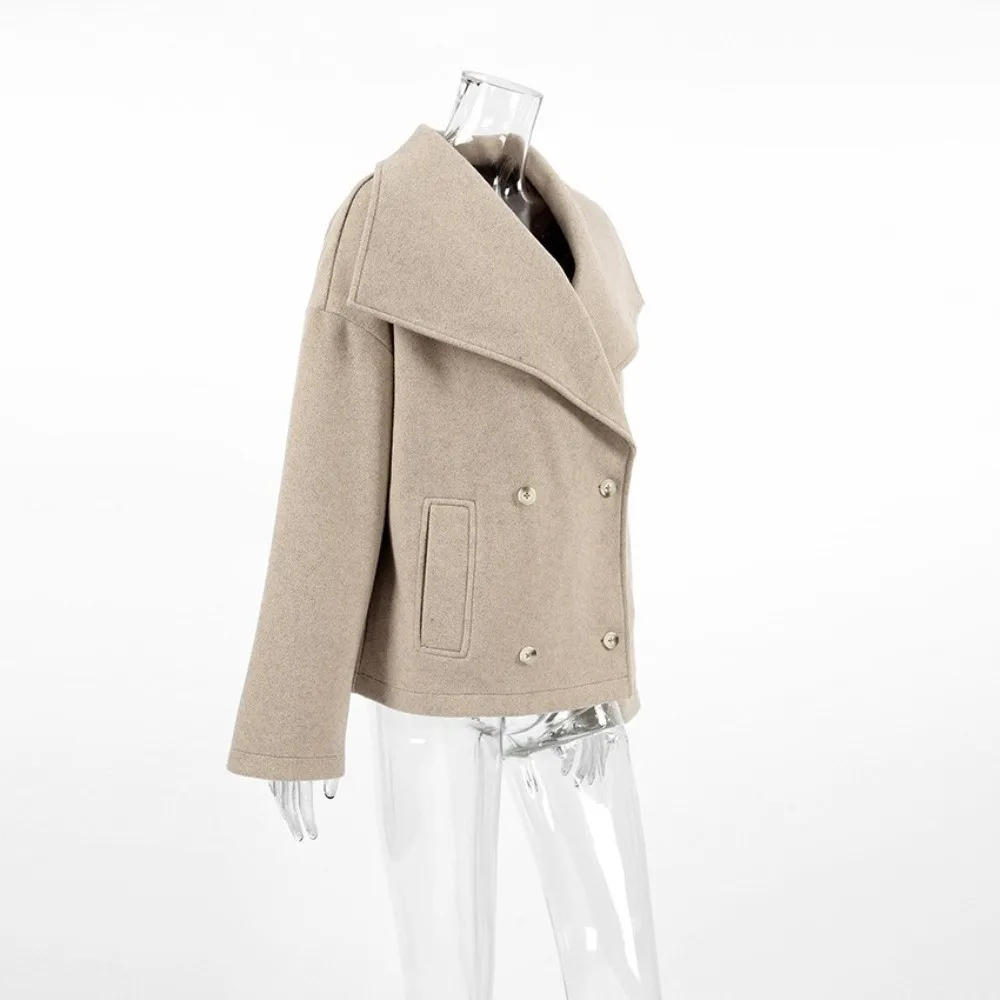 Wide Lapel Women Wool Short Coat Loose Fit Cropped Length Cropped Wool Overcoat Double Breasted Heather Beige