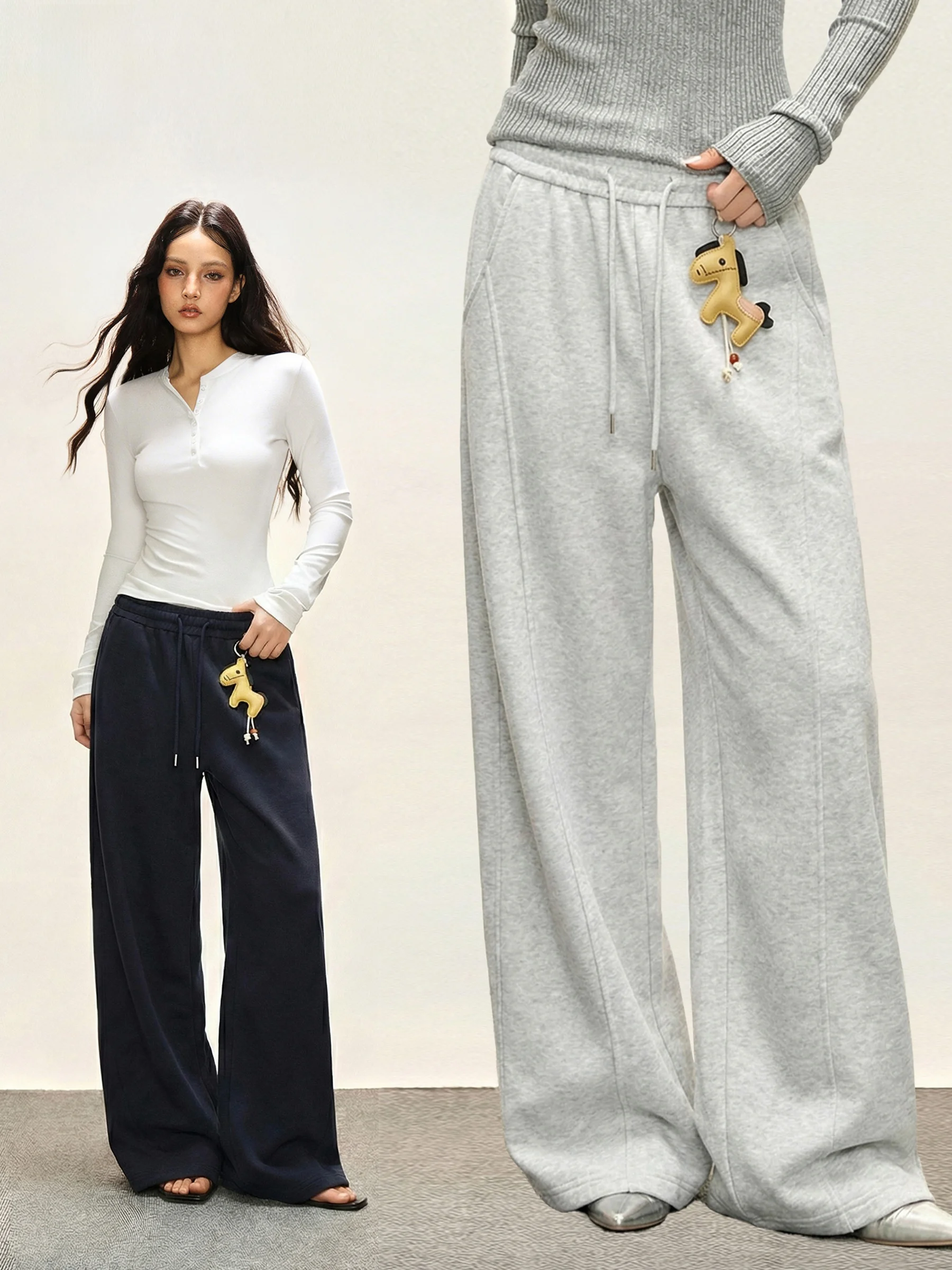 

Loose American Style Sports Pants for Women Gray Casual Trousers with Drawstring Loose Fit Autumn Spring Seasonal Wear