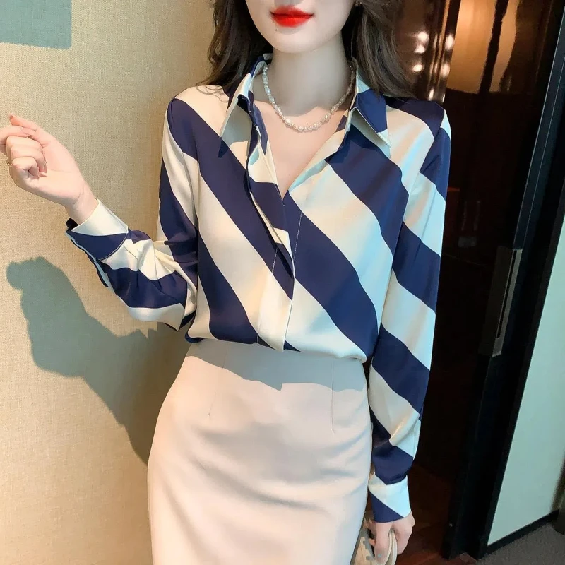 Blue Striped Loose Elegant Blouse Long Sleeve Polo Neck Korean Shirt Tops Spring Autumn New Fashion Temperament Women Clothing
