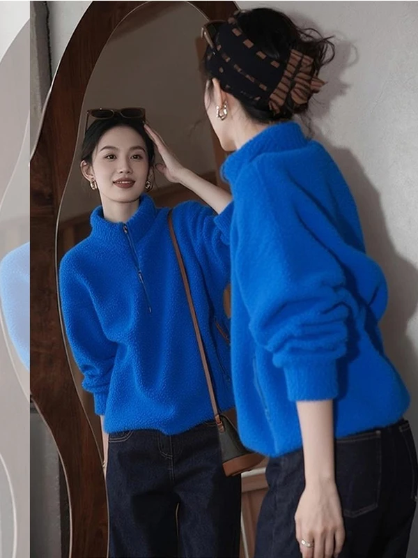 Klein Blue Fce Stand Collar Sweatirt Unique Sli Top Durable Zipper Closure Long Sve Korean Sle Comfortable Fit