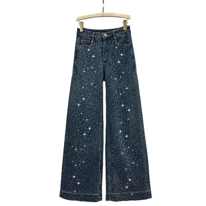 

Широкие джинсы с леопардовым принтом в стиле ретро, женская мода, универсальный дизайн, прямые брюки с горячими бриллиантами и ощущением капель, брюки для мытья полов