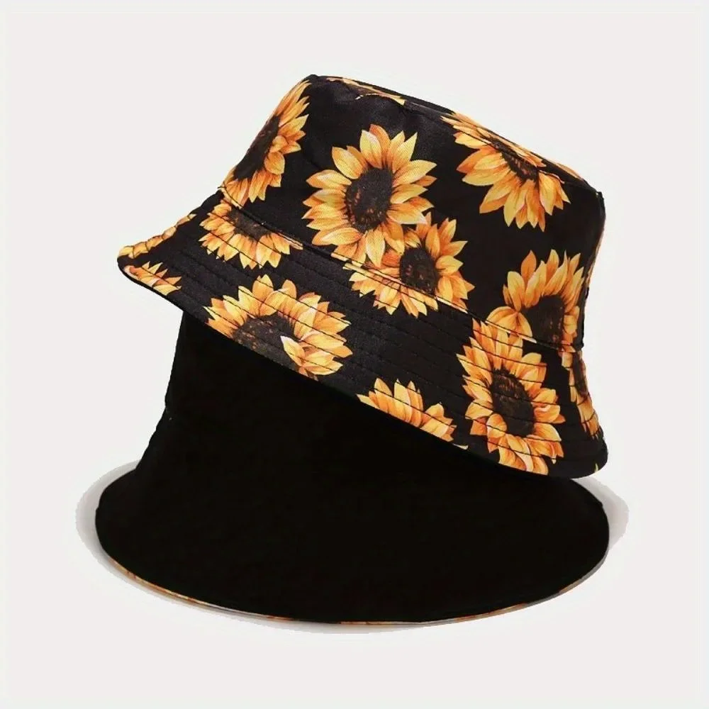 

Sunflower Pattern Print Bucket Hat Double-sided Breathable Easy To Carry Fisherman's Hat Unisex Large Eaves Fashionable Sun Hat