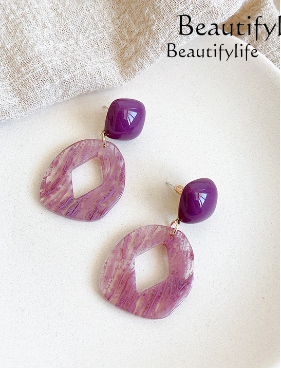 Gentle mist purple, French handmade girl purple retro geometric acetic acid earrings Japanese earrings clip