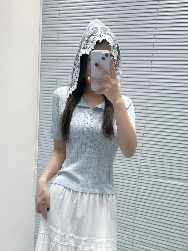 

High-End Lace Splice Embroidery ort Sve Knitted Top with Hat Summer Design Sensation Slimming Versatile Women's Sweater