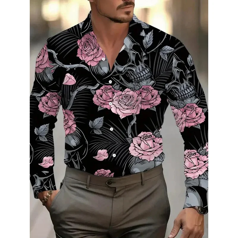 

Luxury Men's Long Sleeve Shirt 3D Gold Chain Printed Baroque Style Long Sleeve Button-Collar Hawaiian Top