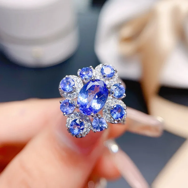 Natural Tanzanite Ring 6x8mm & 3x3mm Stones 925 Silver Halo Cluster Design Statement Cocktail Ring for Women