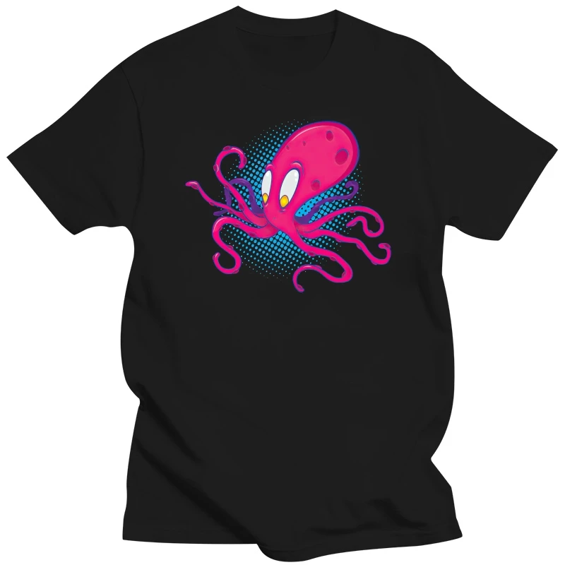 New Arrival Pink Octopus Print Men Black Tops Short Sleeve Tee Shirts Fashion Cute Cartoon Design Father's T-shirt