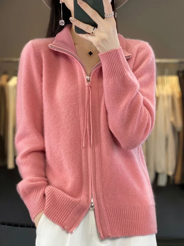 Women’s 100% Merino Wool Cardigan Stand-up Collar Zipper Sweater Autumn Winter Thick Cashmere  Knitwear Warm Long Sleeve Top