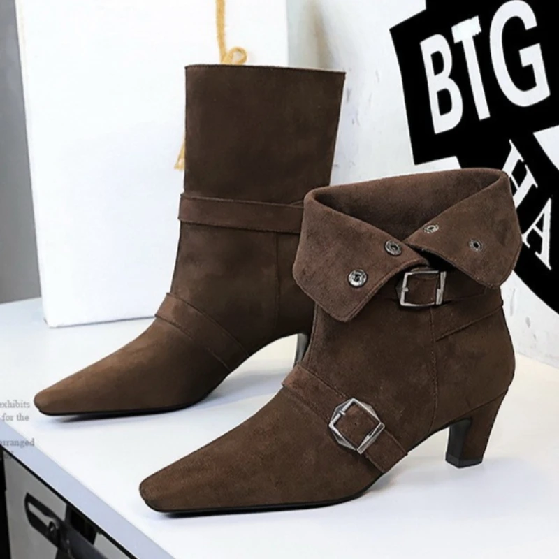 BIGTREE Shoes New Belt Buckle Design Women Boots Suede Retro Women's Ankle Boots Square Head Short Boot Middle Heel Boots