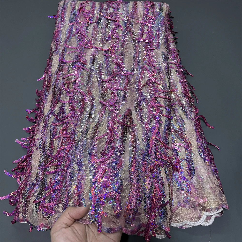 

Nigerian Sequins Tulle Lace Fabric High-Quality Embroidery African Net Cloth for Prom Dresses Beads 5 Yards 2025 PS0085