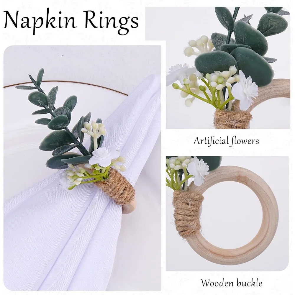 Greenery Leaf Napkin Rings Set of 6 - Boho Eucalyptus Napkins Rings for Wedding Table Decor, Rustic Flower Napkin Ring for Farmh