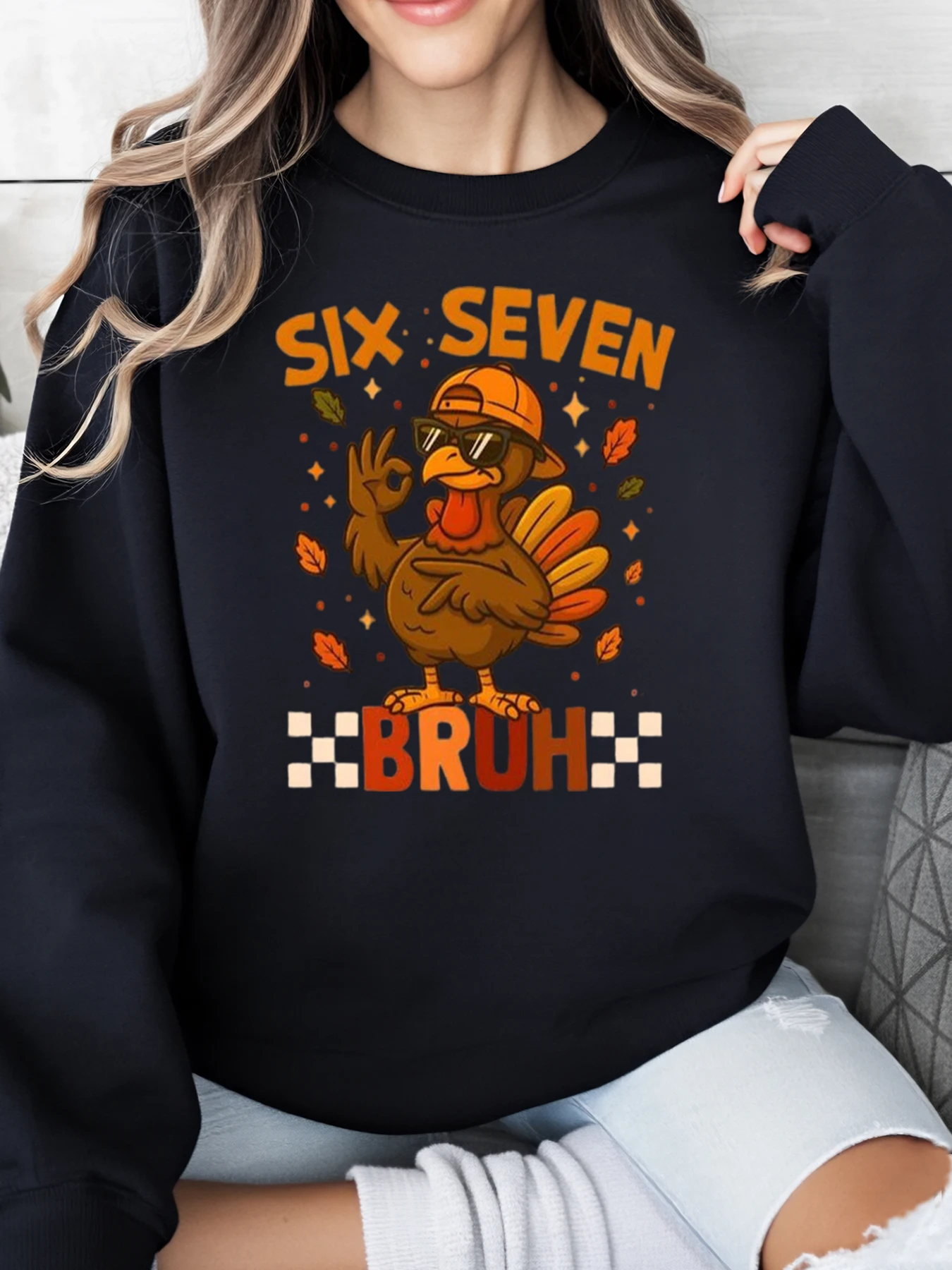 تركيا ستة سبعة Bruh طباعة الشكر البلوز المرأة عارضة الخريف الشتاء ارتداء الأسود زائد الحجم #1