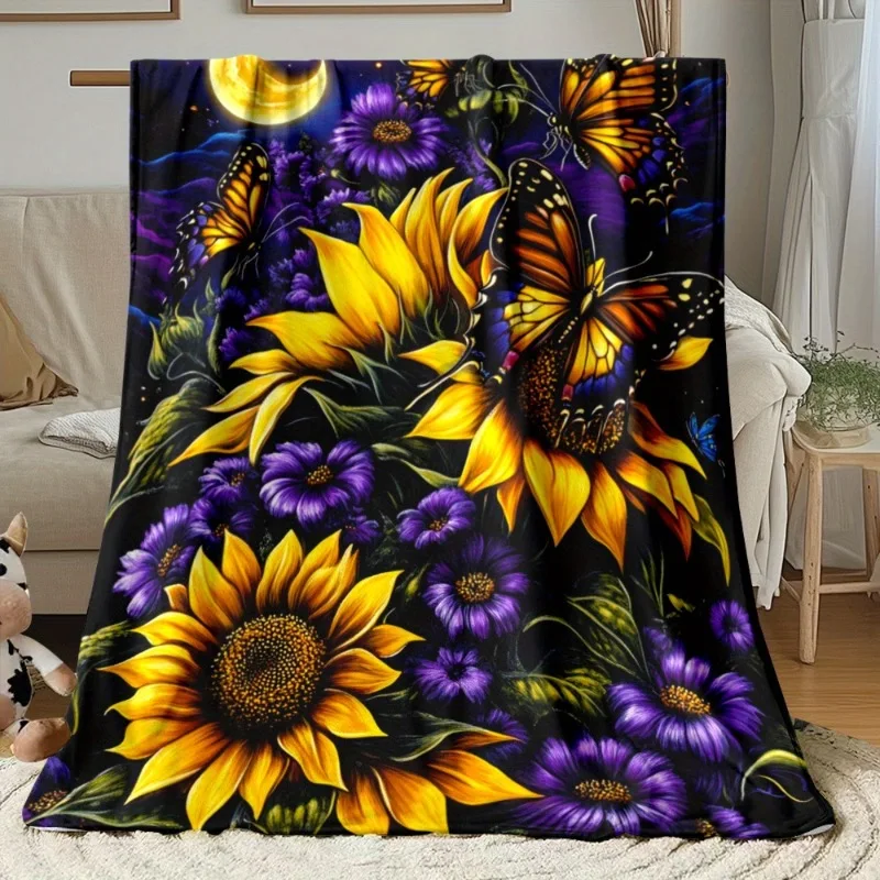 1 Stück Decke mit Sonnenblumen und Schmetterlingen, leichtes Flanell, Heimtextilien, Bettwäsche, Decke, geeignet für Sofas, Betten, Reisen