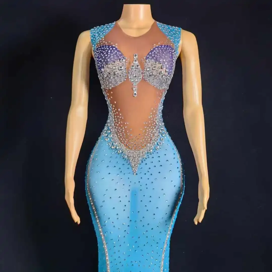 Vestido largo de malla brillante elástico con diamantes de imitación brillantes sin mangas para mujer trajes de fiesta de cumpleaños