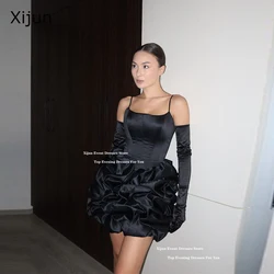 Xijun Modern Black Short Evening Dresses Spaghetti Strap Satin Prom Dresses Formal Birthday Party Gowns Ruffles 2025 Customized