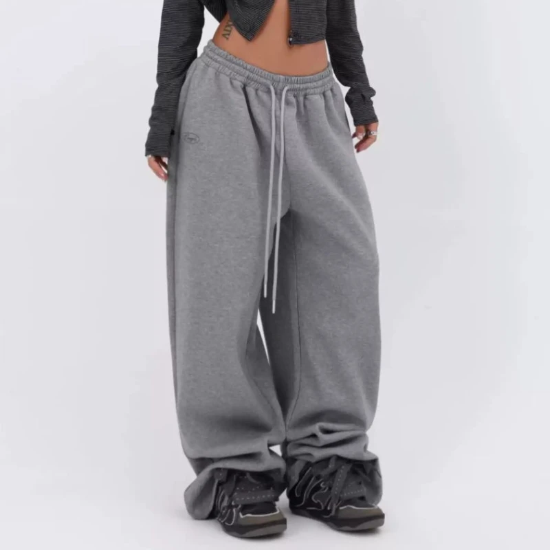 QWEEK Y2k Baggy Grey Sweatpants Women America Hip Hop Casual Streetwear Wide Leg Pants Korean Basic Sports Jogging Trousers