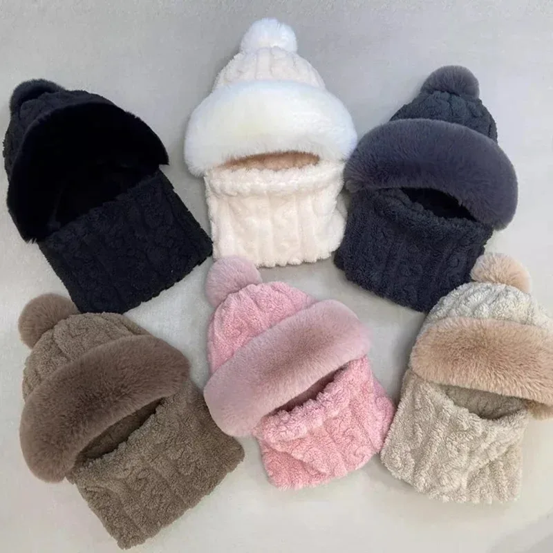 2-in-1 الشتاء وشاح مجموعة مقنعين قبعة المرأة سميكة أفخم الرقبة الدافئة في الهواء الطلق التزلج قبعات يندبروف قبعة أفخم رقيق بيني