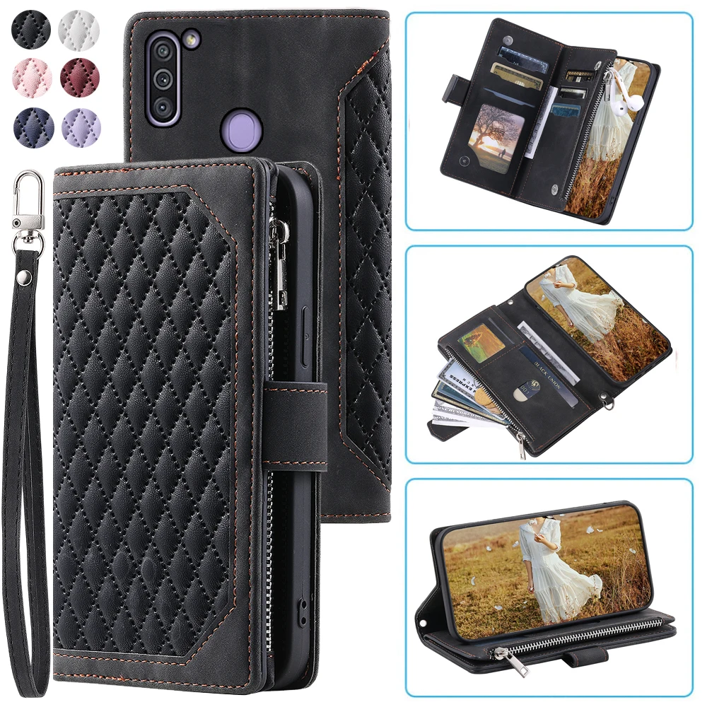 

Fashion Zipper Wallet Case For Samsung Galaxy M11 Flip Cover Multi Card Slots Cover Phone Case Card Slot Folio with Wrist Strap