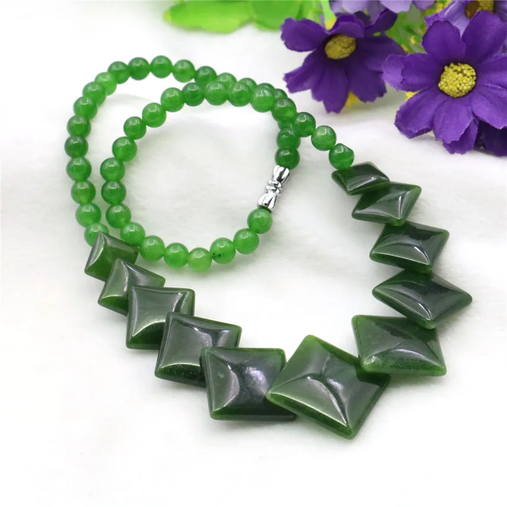 6-14mm Round & Diagonal Square Green Jade Necklace Natural Stone Chalcedony Neck Wear Women Fashion Jewelry Making Design
