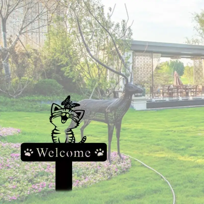 LX0C Outdoor Garden Iron Art Cats Welcome Decoration Stake for Yard and Pathways Entrance Cats Themed Garden Ornament