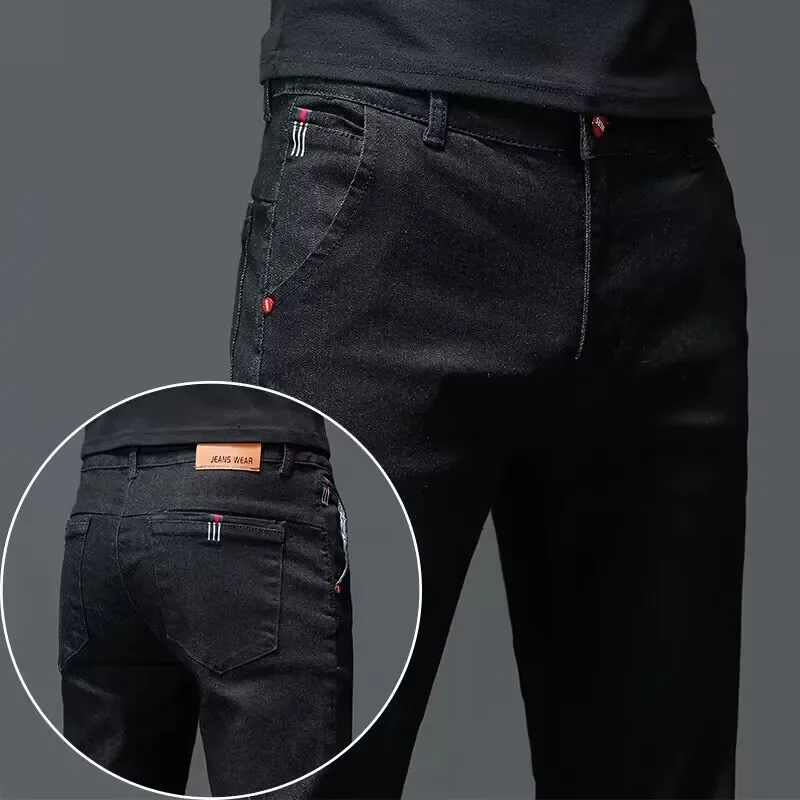 Solid Color Cotton Black Dark Gray Classic Slim Stretch Casual Korean Fashion Youth Male Denim Trousers Jeans Men's Trousers
