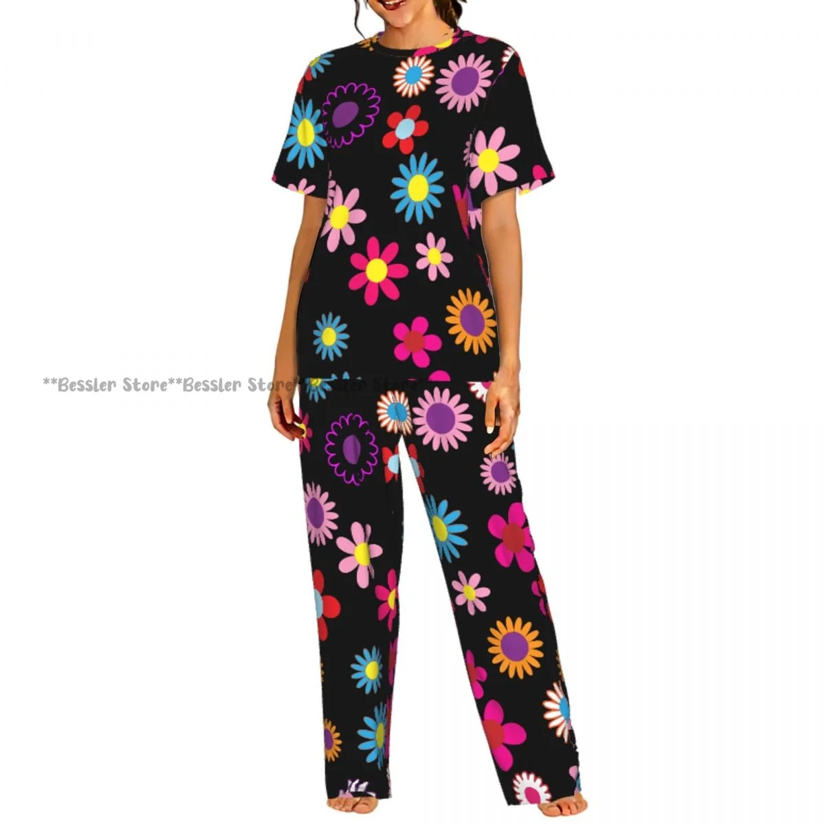 

Женский комфортный комплект пижамы с цветочным принтом и коротким рукавом