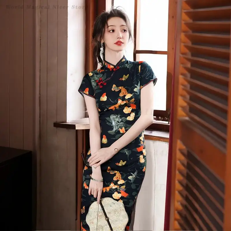 High-End Luxury Vintage Chinese Modified Qipao Short Sleeve Slim Elegant Daily Dress for Middle-Aged Elderly Ladies