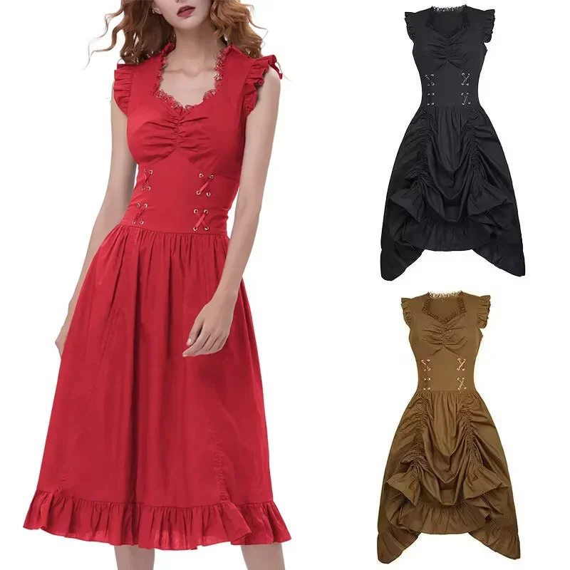 Damska sukienka Steampunk gotycka średniowieczna wiktoriańska bez rękawów z falbankami damska duża bandażowa huśtawka elegancka odzież imprezowa