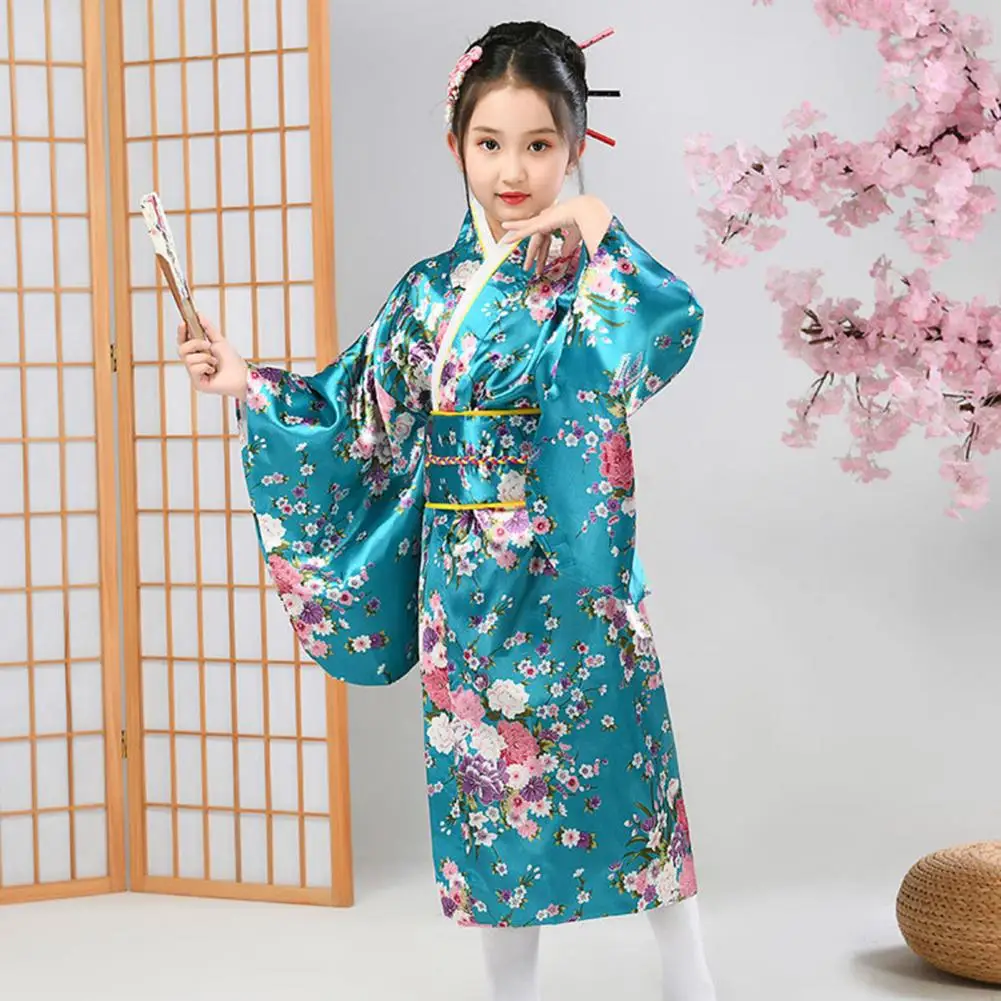 Vestido Kimono con estampado de flores de cerezo vibrantes para niña, conjuntos de Kimono japoneses para niñas, Cosplay, actuaciones escolares