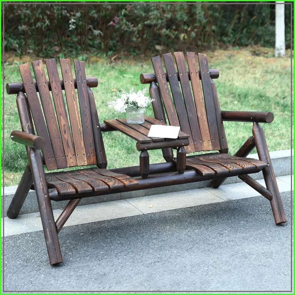 Outdoor 2-Person Wooden Adirondack Bench, Patio Loveseat with Table, Carbonized Fir, Backyard Deck