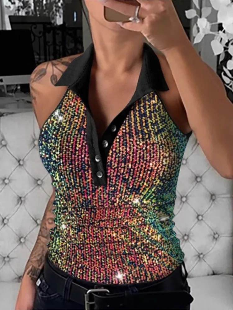 

Women's New Summer Fashion Sequin Lapel Button Slim Fit Sexy Sleeveless Off Shoulder Hanging Neck Vest Top
