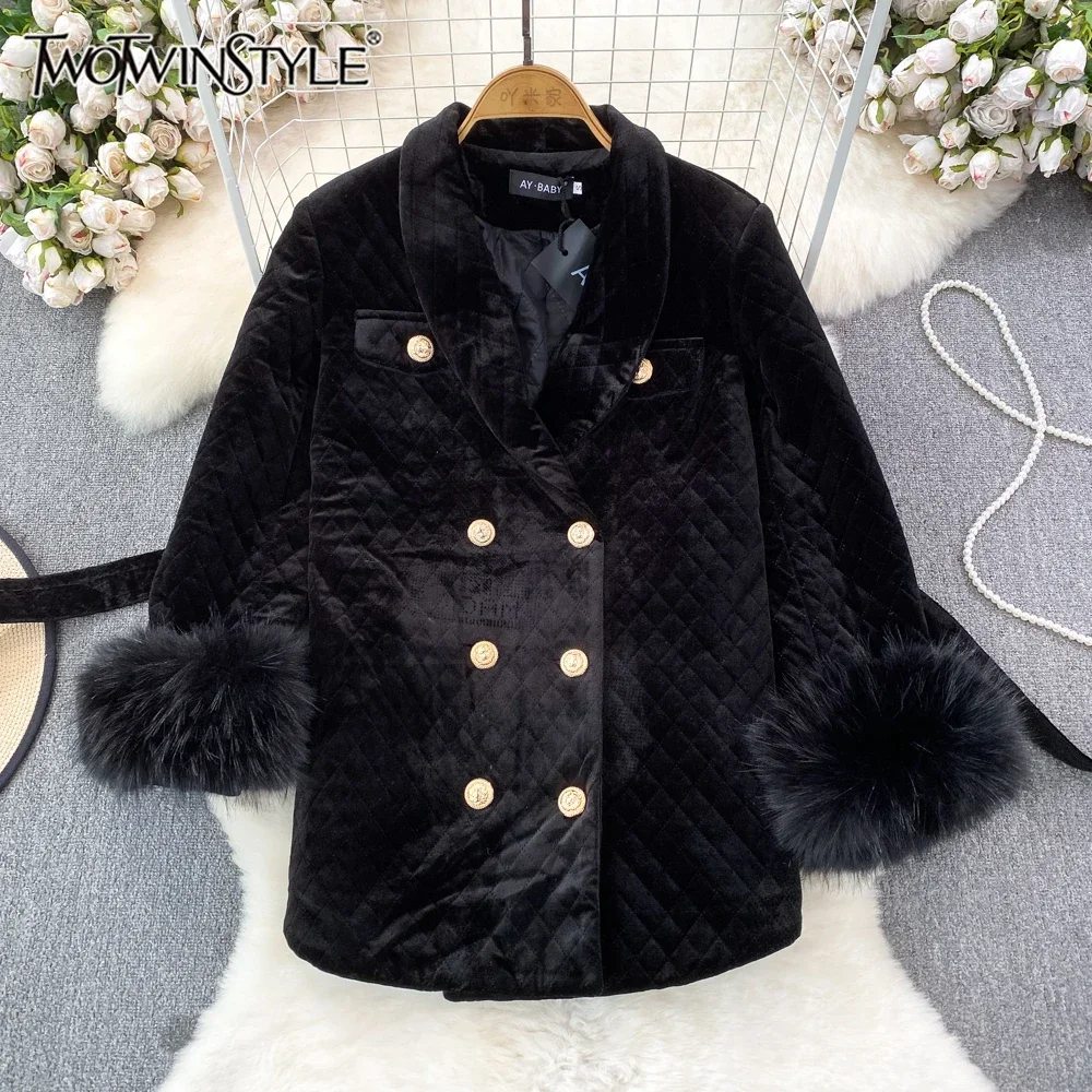 

TWOTWINSTYLE solid patchwork pockets blazers for women lapel sliced double breasted temperament coats female winter KJA521955