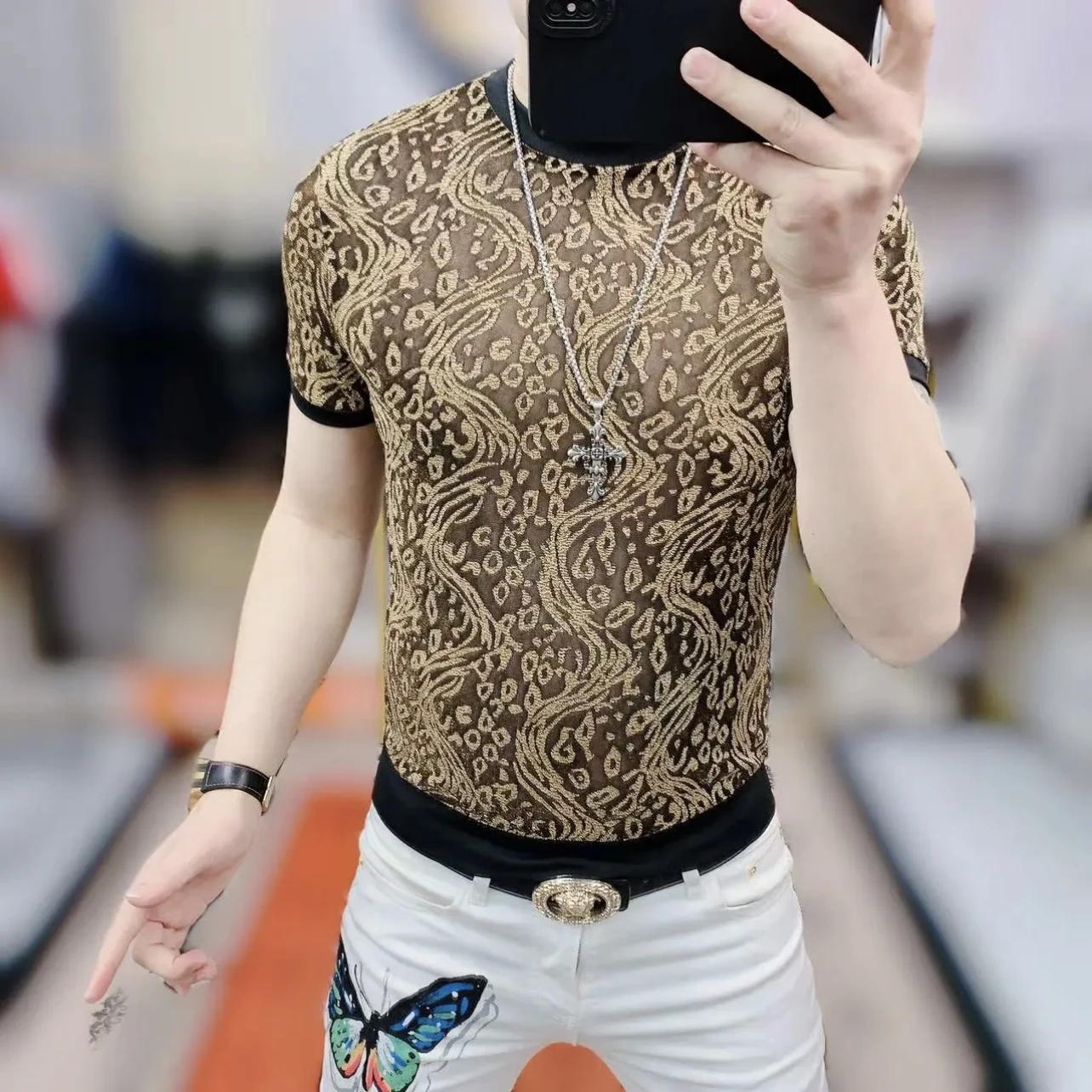 

Faionable Slim Fit round Ne Ice Silk T-irt Men's ort Sve Embroidery Trendy Brand Youthful Polyester Fiber T-irt