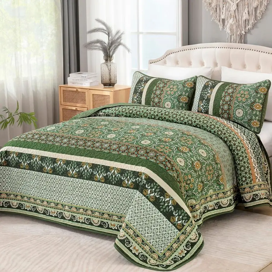 

Комплект постельного белья King Size, оливково-зеленое летнее покрывало, 3 предмета, в стиле бохо, с 2 наволочками, на все сезоны 1